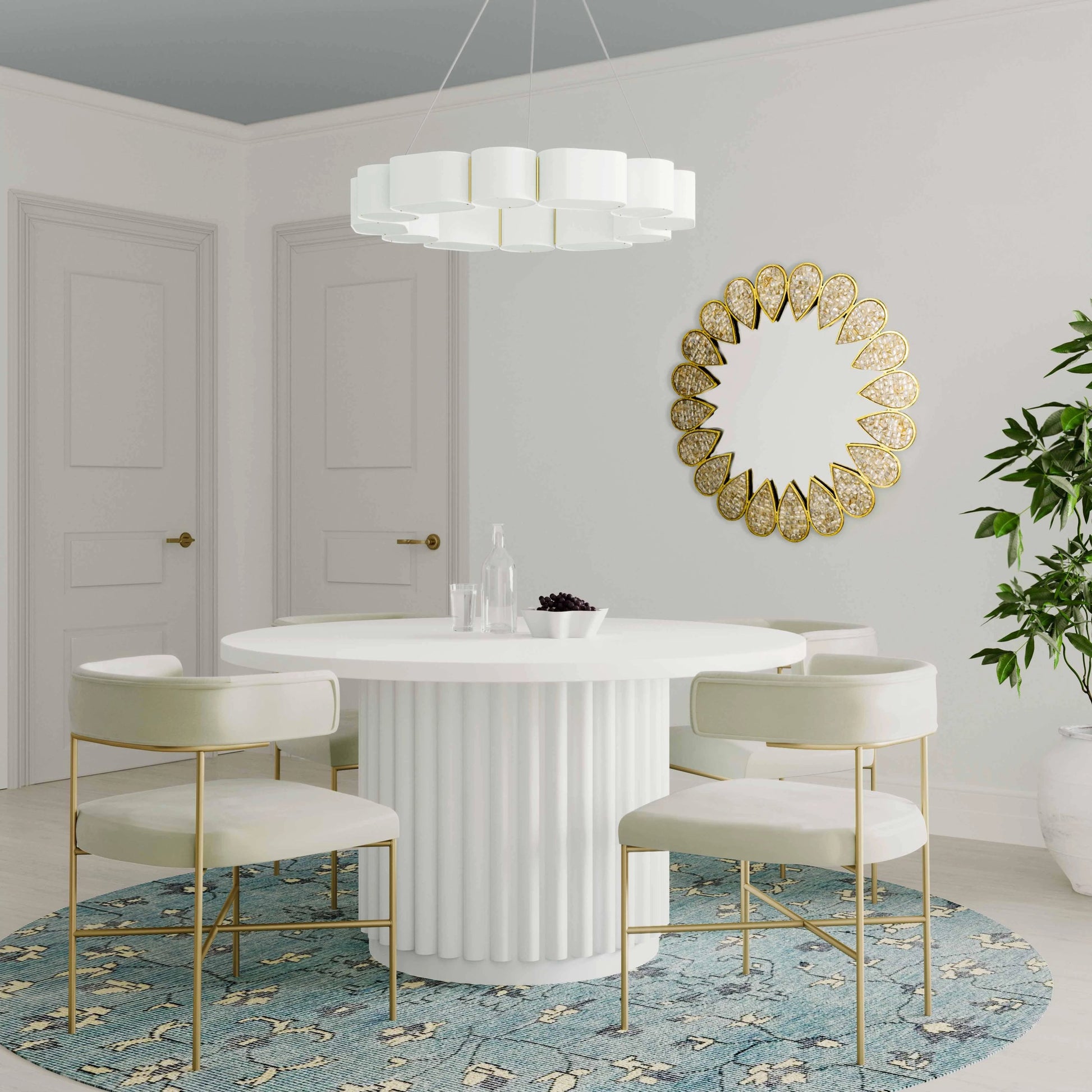 Kali Round Dining Table by TOV Furniture in white. Made from acacia, mdf veneer, metal in a modern style.