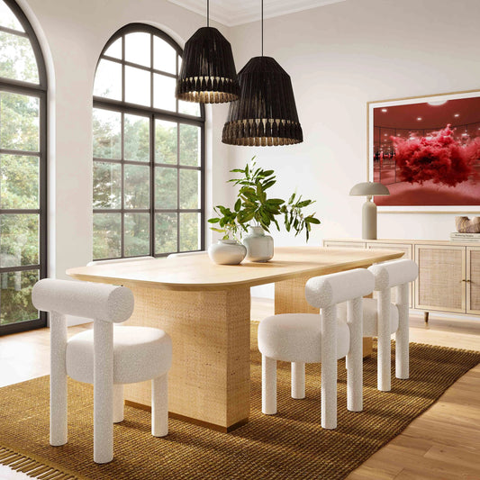 Akiba Rectangular Dining Table by TOV Furniture in natural. Made from ash veneer, iron, mdf, pine, rattan in a modern style.