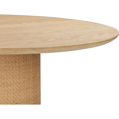 Akiba Round Dining Table by TOV Furniture in natural. Made from ash veneer, iron, mdf, pine, rattan in a modern style.