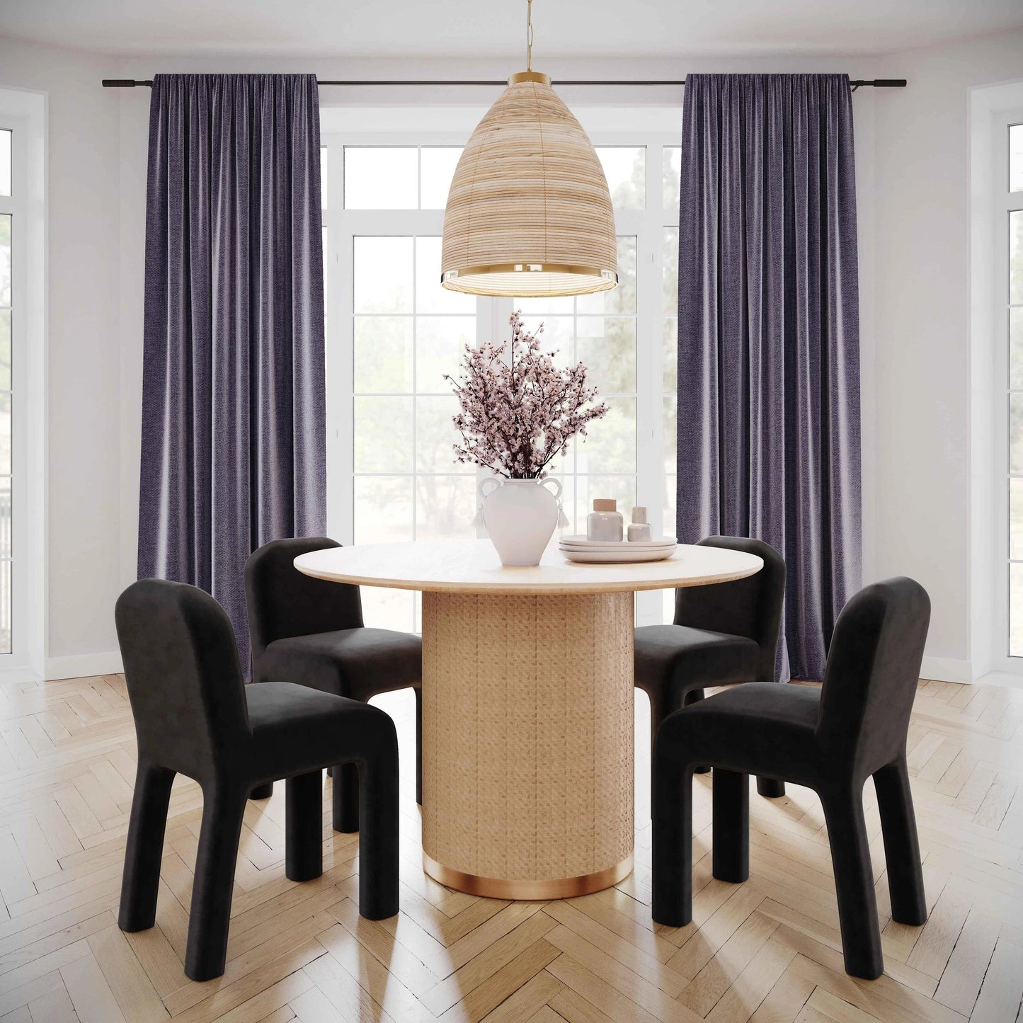 007 SI-2107242 | Additional Silo | Akiba Round Dining Table by TOV Furniture in natural. Made from ash veneer, iron, mdf, pine, rattan in a modern style.