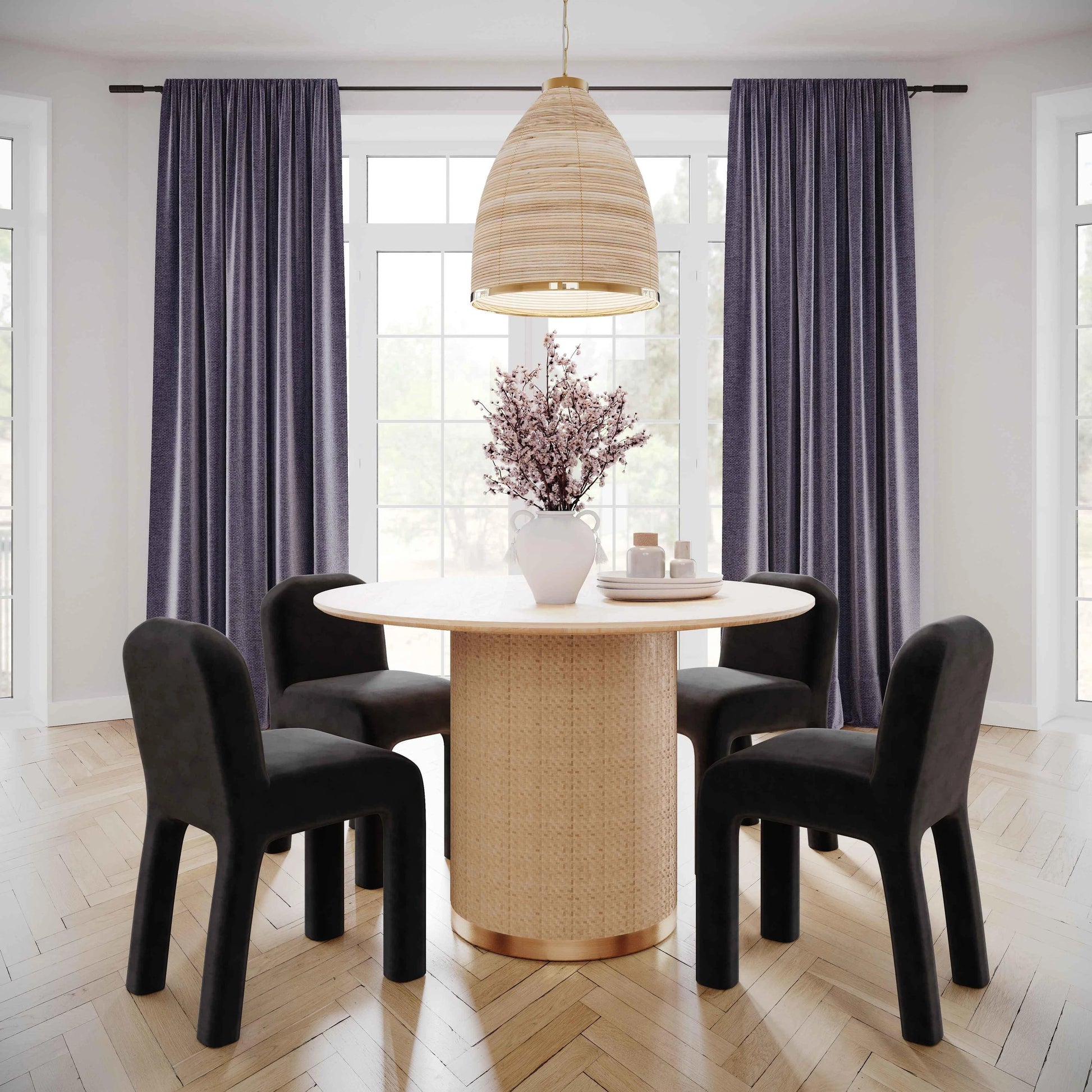 Akiba Round Dining Table by TOV Furniture in natural. Made from ash veneer, iron, mdf, pine, rattan in a modern style.