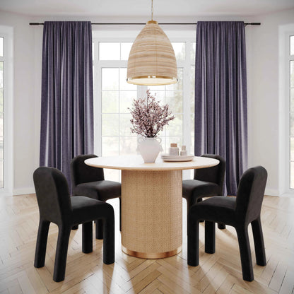 Akiba Round Dining Table by TOV Furniture in natural. Made from ash veneer, iron, mdf, pine, rattan in a modern style.