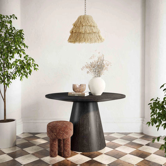 Sahara Round Dining Table by TOV Furniture in black. Made from concrete, mdf, oak veneer, plywood, rubberwood in a modern style.