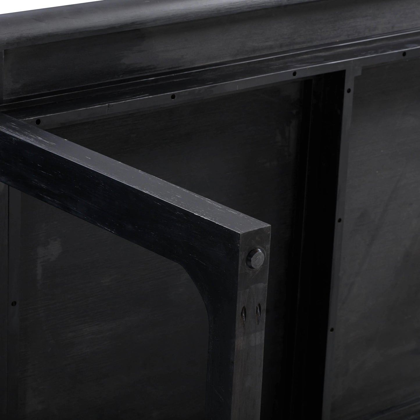007 SI-2107541 | Closeup | Shiloh Rectangular Dining Table by TOV Furniture in black. Made from acacia veneer, iron, mdf in a modern style.