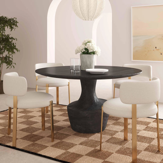 Gevra Black Acacia & Faux Plaster Dining Table by TOV Furniture in black. Made from acacia veneer, concrete, mdf in a modern style.