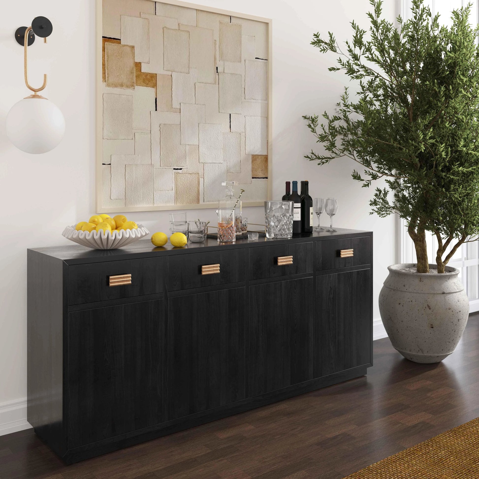 Aria Oak Buffet by TOV Furniture. Made from mdf, metal, rubberwood, veneer in a modern style.