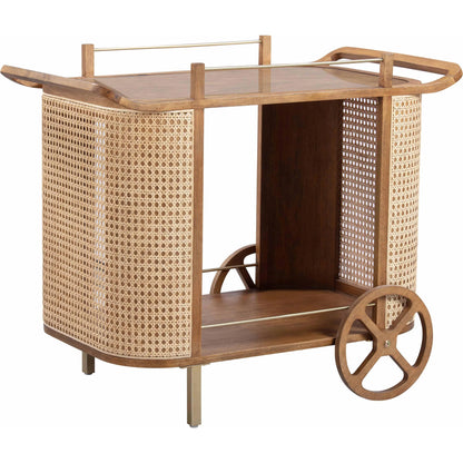 Yuma Rattan Bar Cart by TOV Furniture in natural. Made from iron, plywood, wood in a unique style.