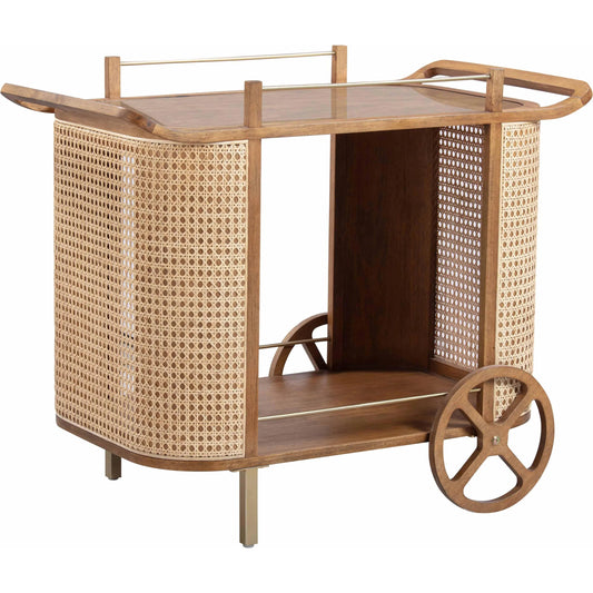 Yuma Rattan Bar Cart by TOV Furniture in natural. Made from iron, plywood, wood in a unique style.