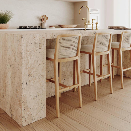 Gerri Performance Tweed and Rattan Counter Stool by TOV Furniture in cream, natural. Made from cane, linen, wood in a unique style.