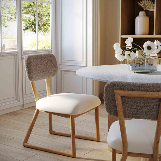 Bobbie Vegan Leather and Vegan Shearling Dining Chair by TOV Furniture in cream, grey. Made from vegan leather, vegan shearling, wood in a unique style.