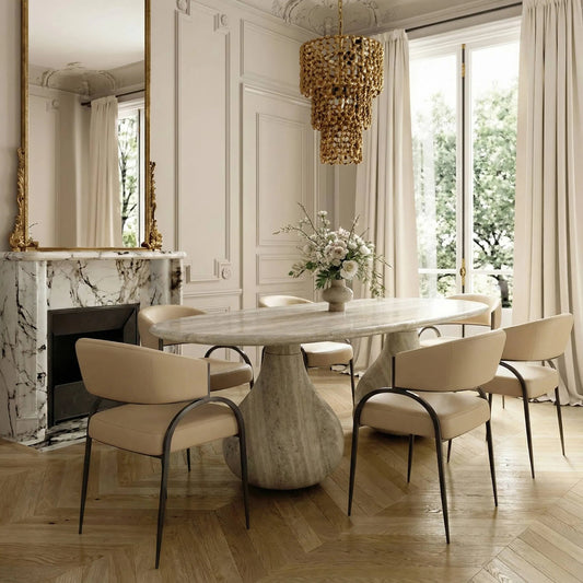 Tatum Performance Dining Chair by TOV Furniture in taupe. Made from plywood, stainless steel, vegan leather in a unique style.