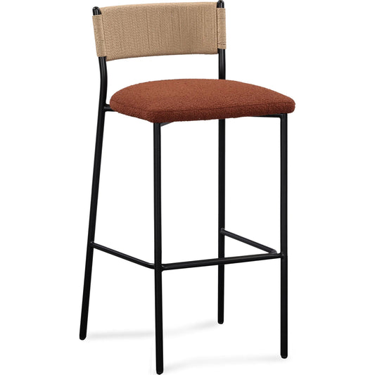 Celine Performance Bar Stool by TOV Furniture. Made from boucle, metal, plywood, rope in a rustic style.