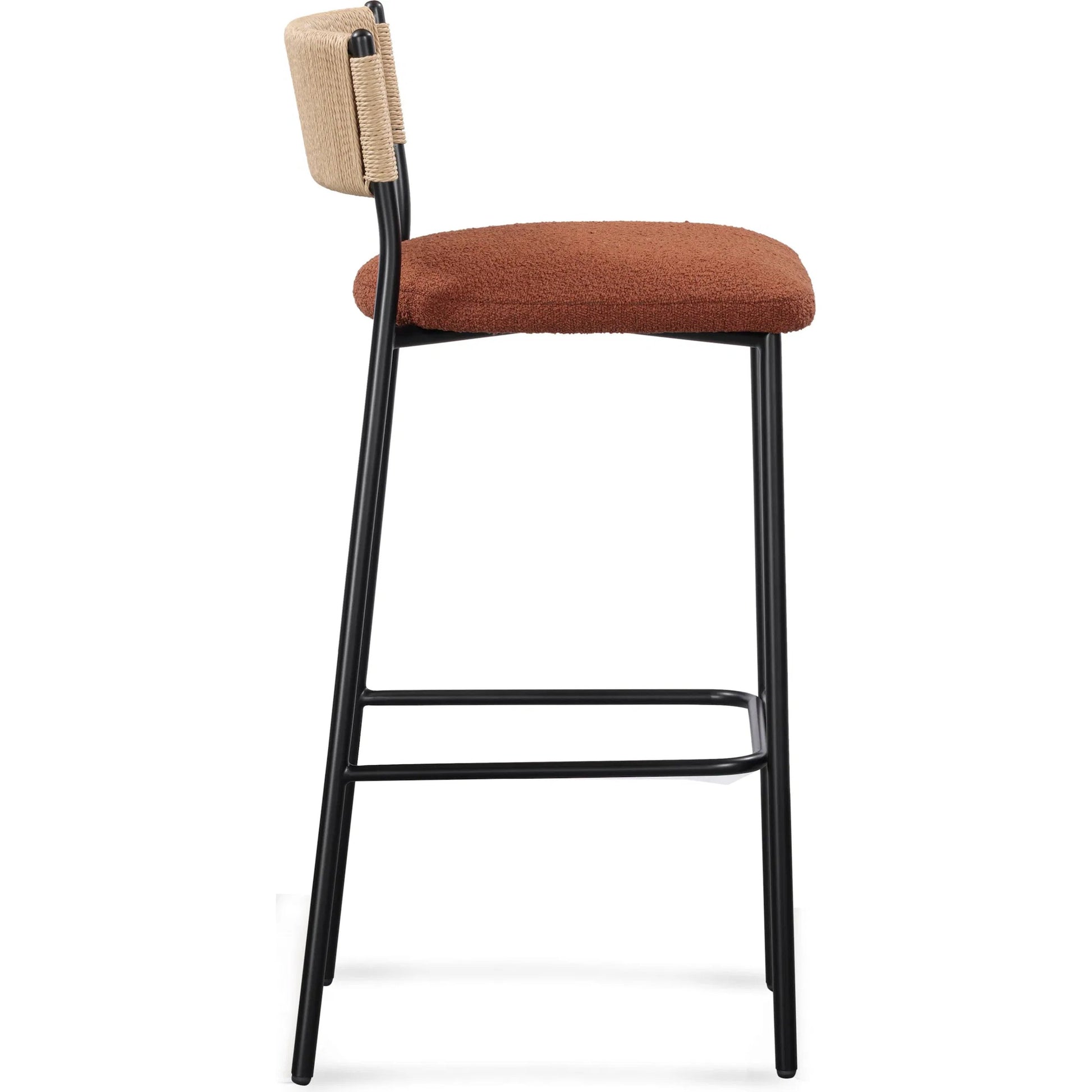 Celine Performance Bar Stool by TOV Furniture. Made from boucle, metal, plywood, rope in a rustic style.