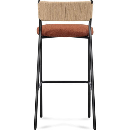 Celine Performance Bar Stool by TOV Furniture. Made from boucle, metal, plywood, rope in a rustic style.
