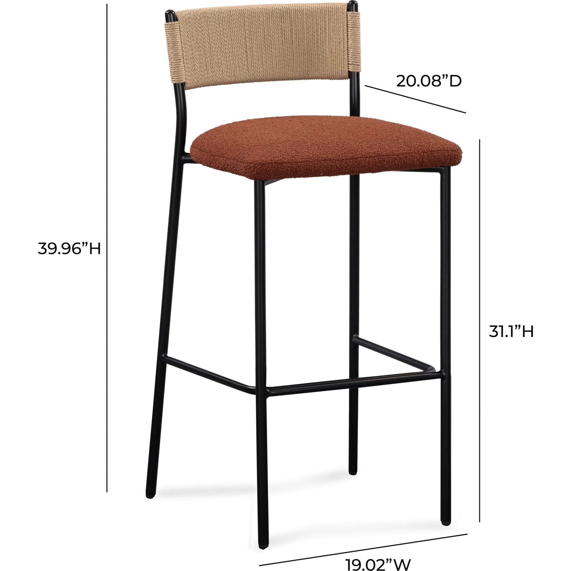 Celine Performance Bar Stool by TOV Furniture. Made from boucle, metal, plywood, rope in a rustic style.