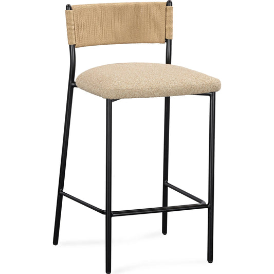 Celine Performance Bar Stool by TOV Furniture. Made from boucle, metal, plywood, rope in a rustic style.