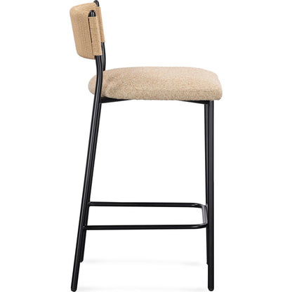 Celine Performance Bar Stool by TOV Furniture. Made from boucle, metal, plywood, rope in a rustic style.