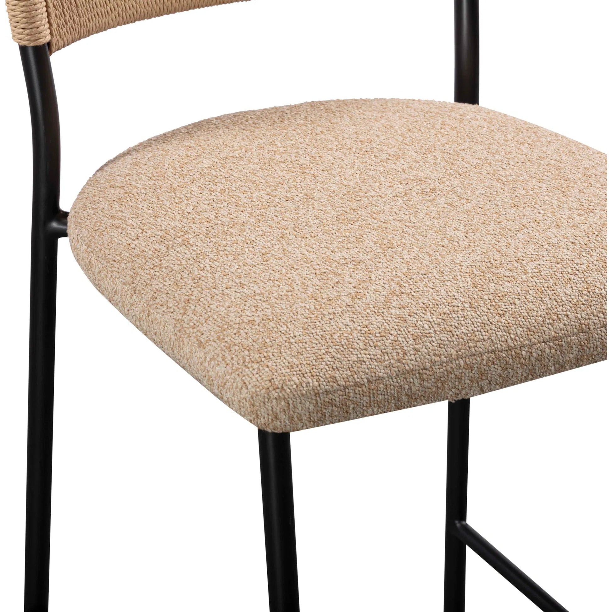 Celine Performance Bar Stool by TOV Furniture. Made from boucle, metal, plywood, rope in a rustic style.