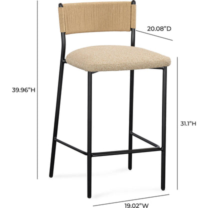 Celine Performance Bar Stool by TOV Furniture. Made from boucle, metal, plywood, rope in a rustic style.