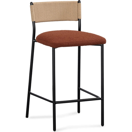 Celine Performance Counter Stool by TOV Furniture. Made from boucle, metal, plywood, rope in a rustic style.