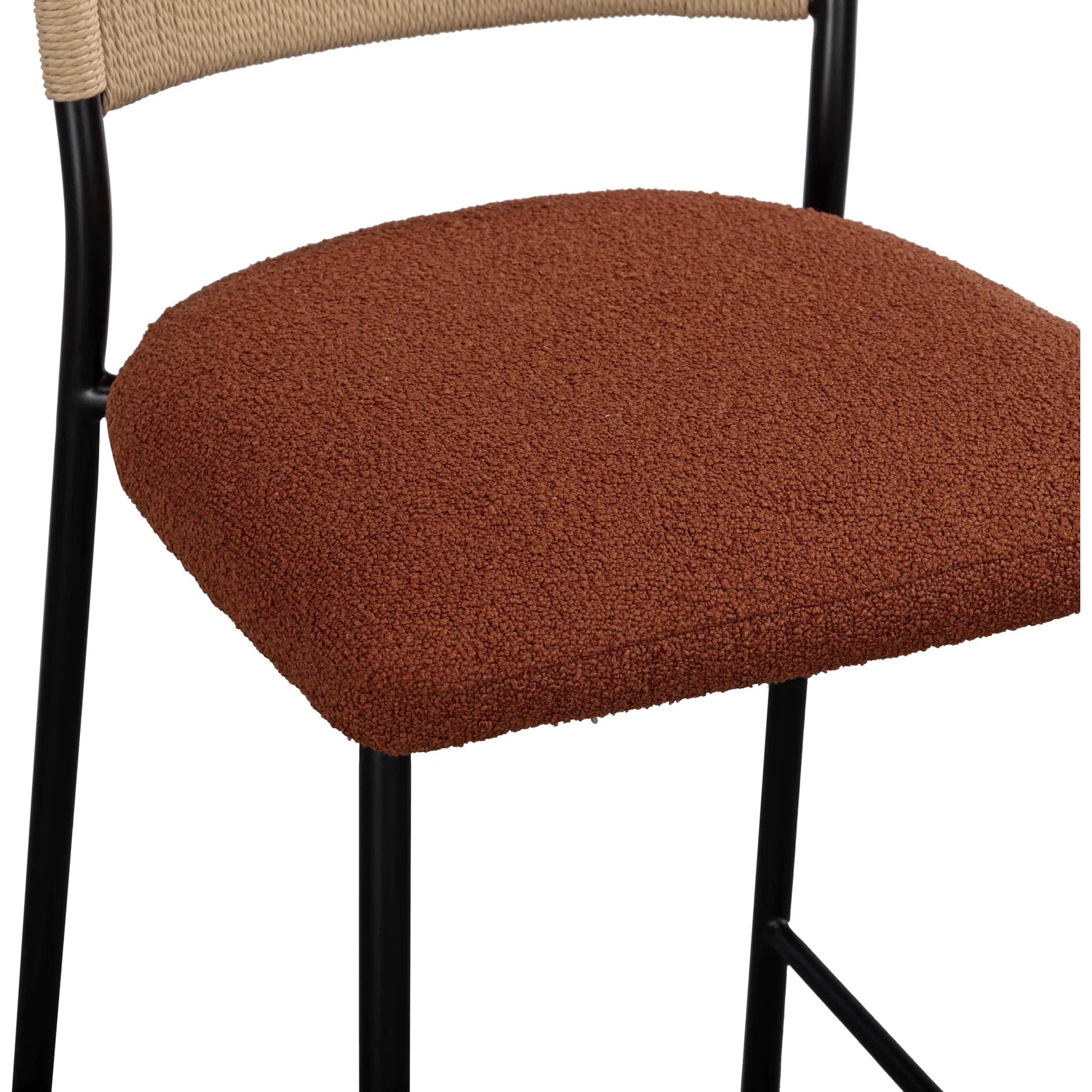 Celine Performance Counter Stool by TOV Furniture. Made from boucle, metal, plywood, rope in a rustic style.
