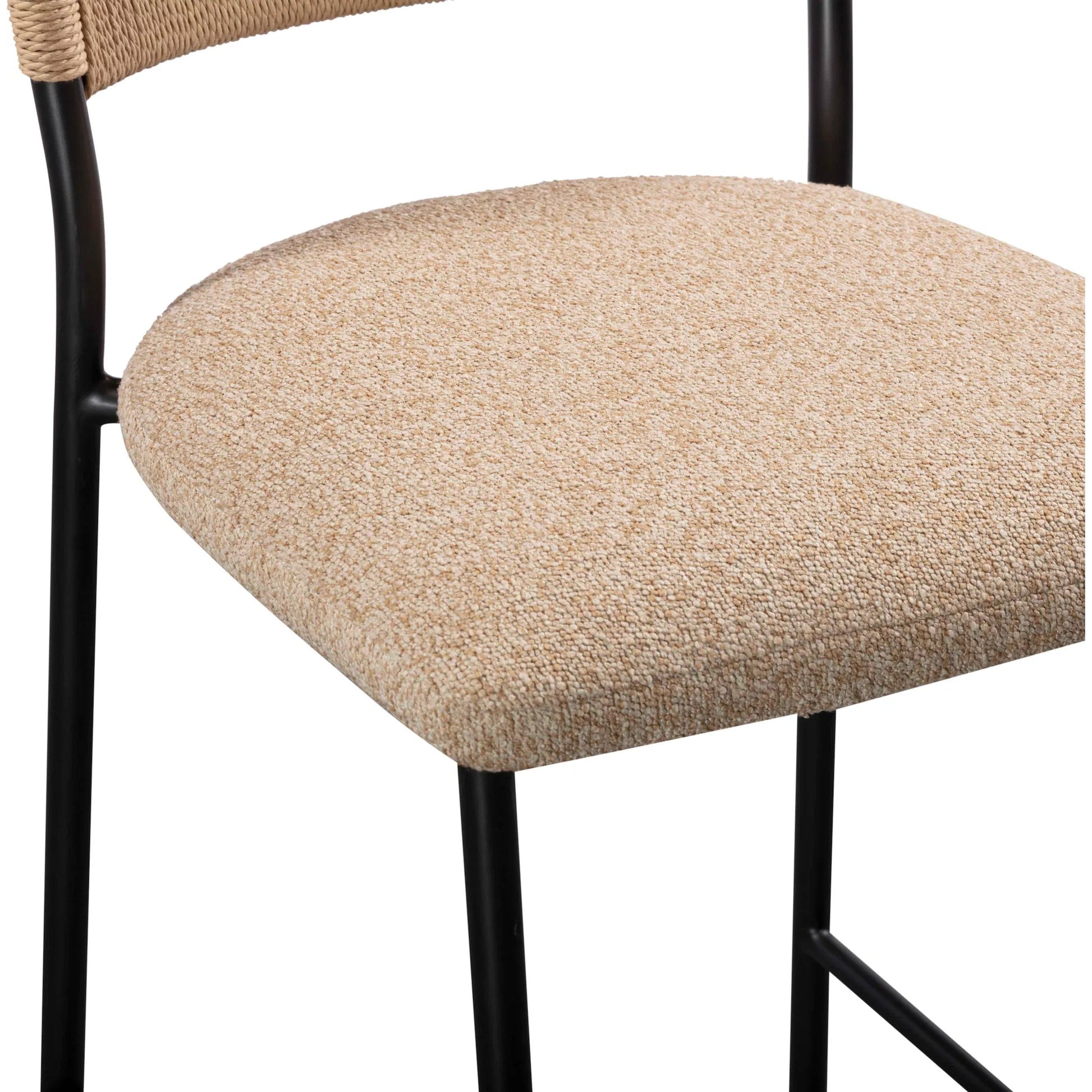 Celine Performance Counter Stool by TOV Furniture. Made from boucle, metal, plywood, rope in a rustic style.