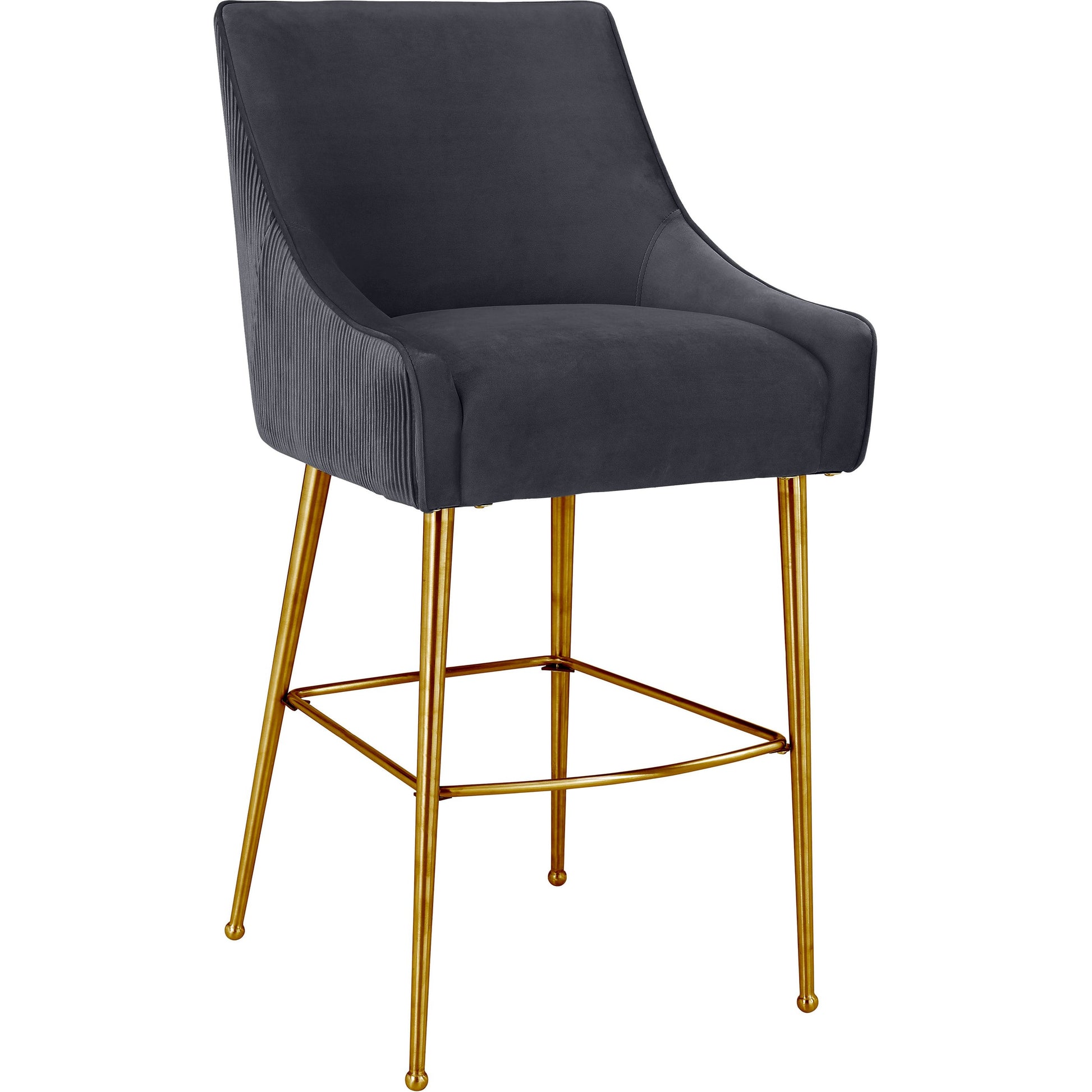 Beatrix Pleated Dark Velvet Bar Stool by TOV Furniture in grey. Made from velvet, pine, stainless steel in a transitional style.