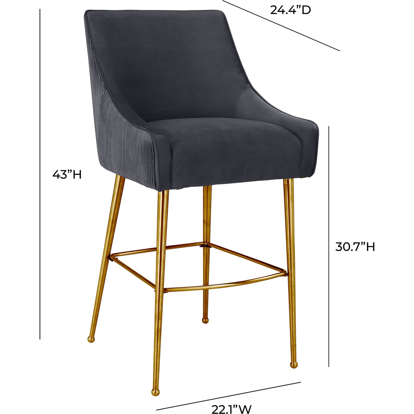004 SI-1787083 | Additional Silo | Beatrix Pleated Dark Velvet Counter Stool by TOV Furniture in grey. Made from velvet, pine, stainless steel in a transitional style.