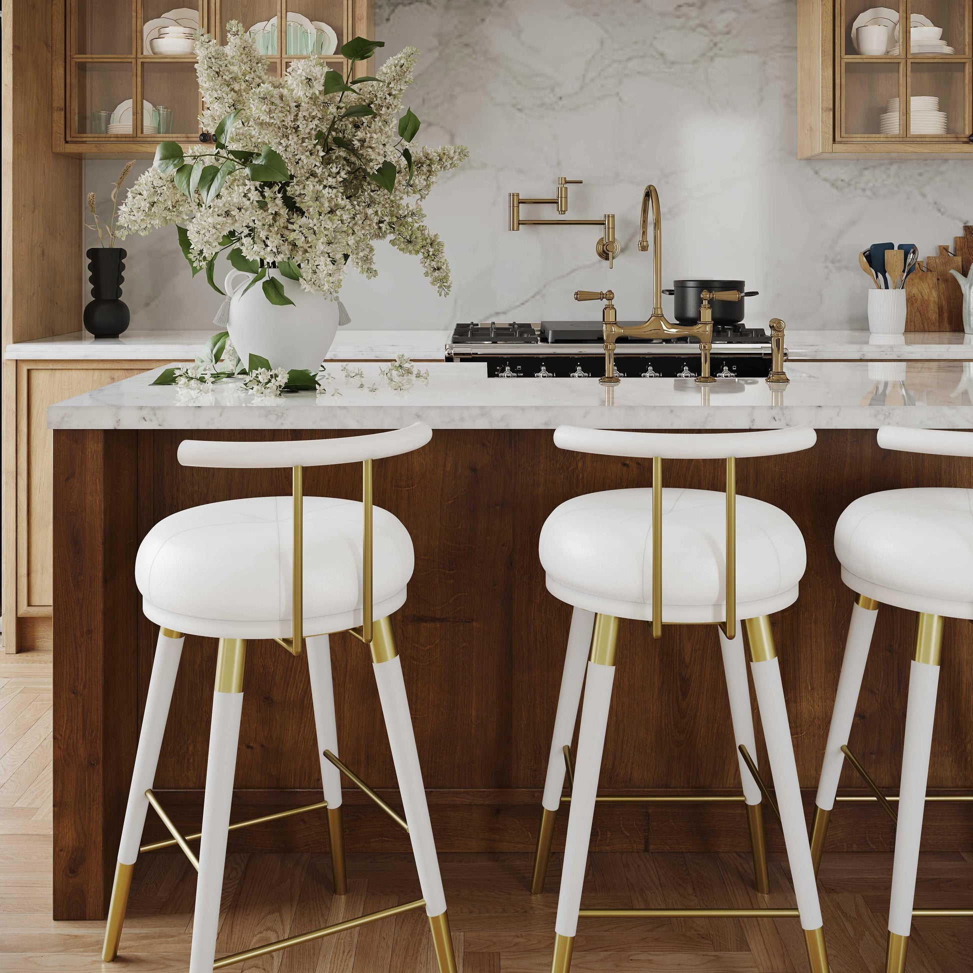 Juniper Vegan Leather Counter Stool by TOV Furniture in white. Made from ash, iron, vegan leather in a modern style.