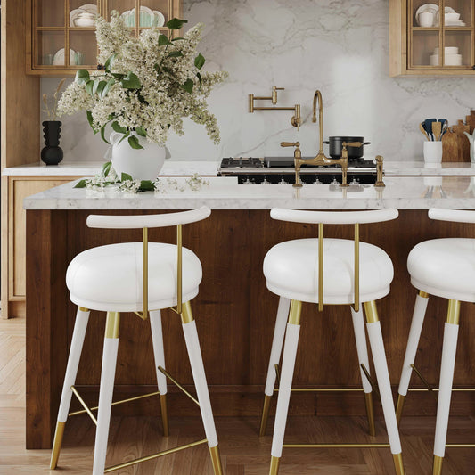 Juniper Vegan Leather Counter Stool by TOV Furniture in white. Made from ash, iron, vegan leather in a modern style.