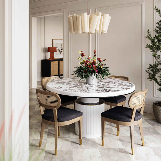 Vanessa White Marble Lacquer Round Dining Table by TOV Furniture in white, white marble. Made from mdf in a modern style.