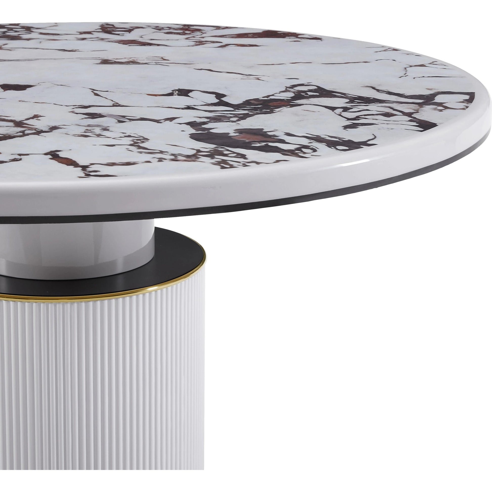 Vanessa White Marble Lacquer Round Dining Table by TOV Furniture in white, white marble. Made from mdf in a modern style.