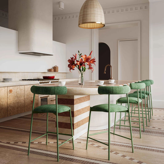 Liliana Velvet Counter Stool by TOV Furniture. Made from fabric, iron in a modern style.