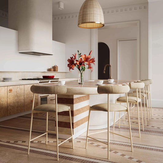 Liliana Velvet Bar Stool by TOV Furniture in taupe. Made from fabric, iron in a modern style.