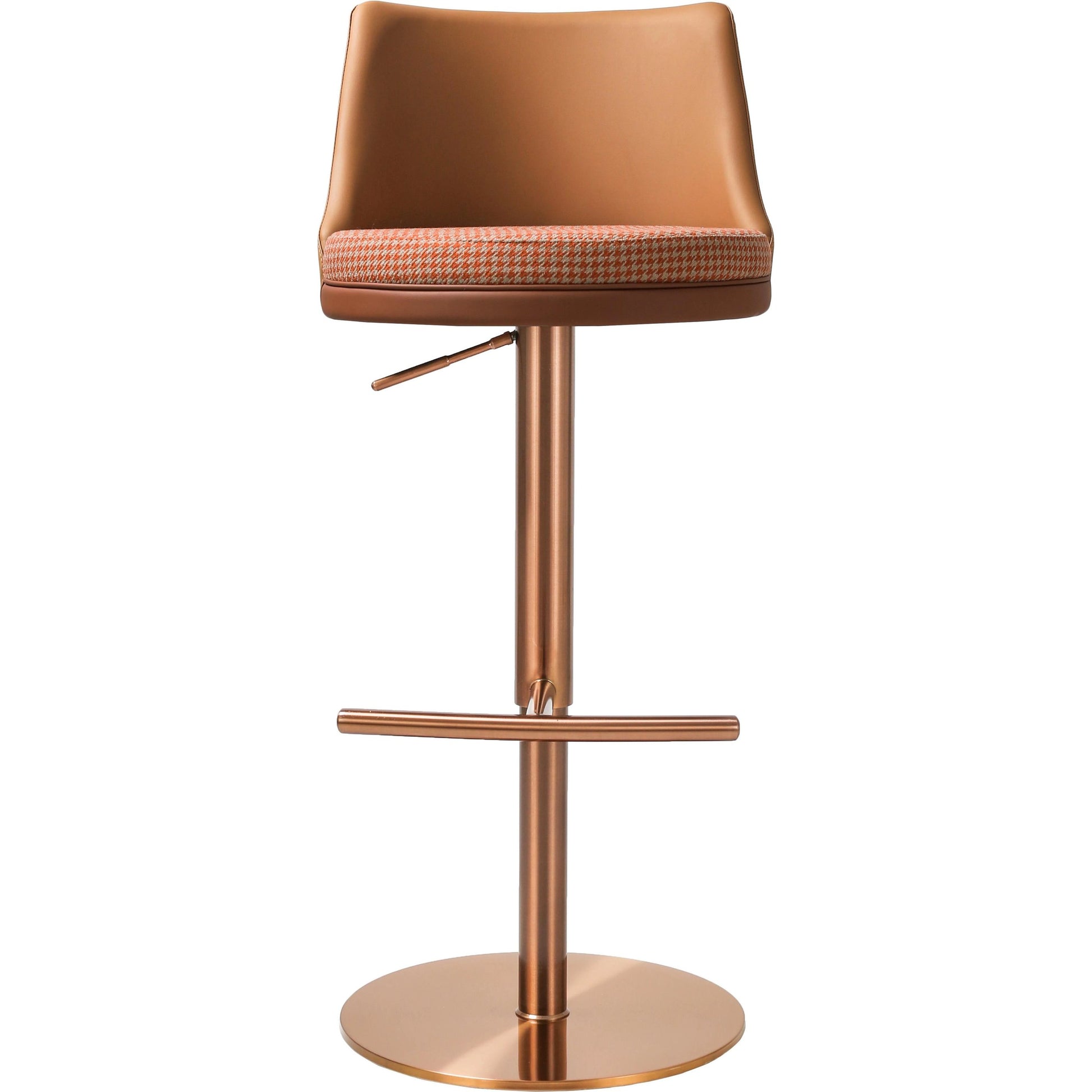 Reagan Houndstooth Adjustable Swivel Stool by TOV Furniture in cafe au lait. Made from fabric, stainless steel, vegan leather in a modern style.