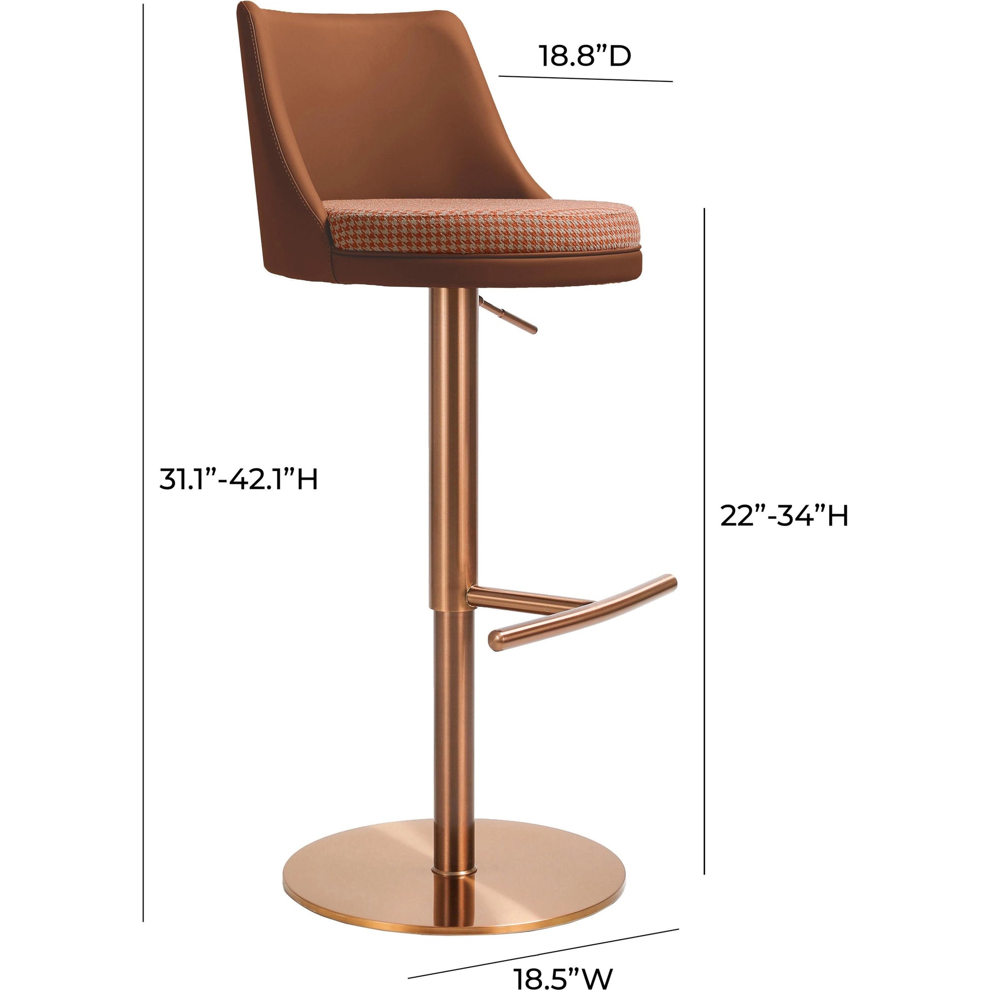 Reagan Houndstooth Adjustable Swivel Stool by TOV Furniture in cafe au lait. Made from fabric, stainless steel, vegan leather in a modern style.