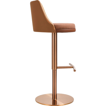 Reagan Houndstooth Adjustable Swivel Stool by TOV Furniture in cafe au lait. Made from fabric, stainless steel, vegan leather in a modern style.