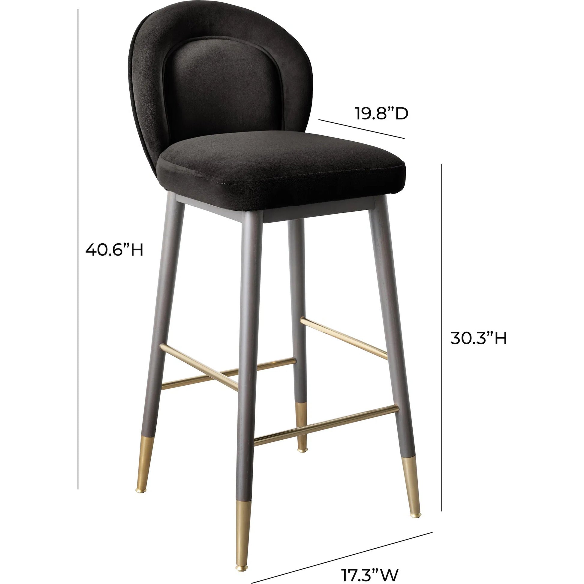 Hailey Velvet Barstool by TOV Furniture in charcoal. Made from ash wood, iron, velvet in a modern style.