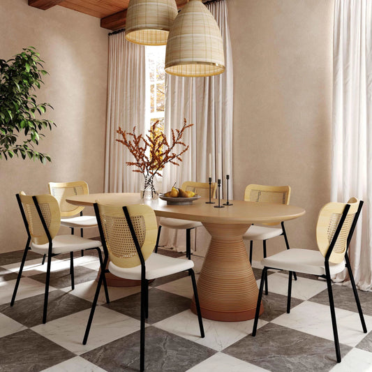 Nessie Rattan Dining Chair (Set of 2) by TOV Furniture in natural. Made from ash, iron, linen, rattan in a transitional style.