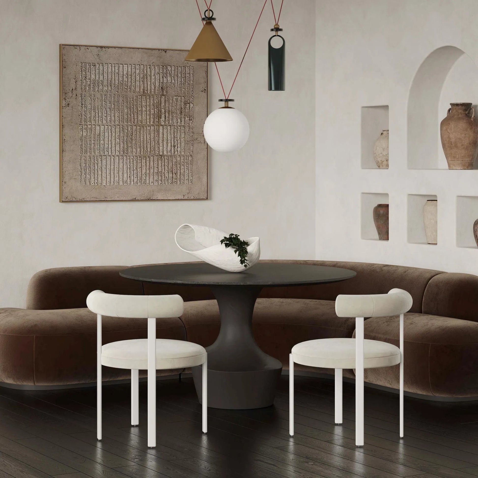 Margaret Performance Chenille Bolster Back Dining Chair by TOV Furniture in cream. Made from fabric, plywood, stainless steel, wood in a eclectic & global style.