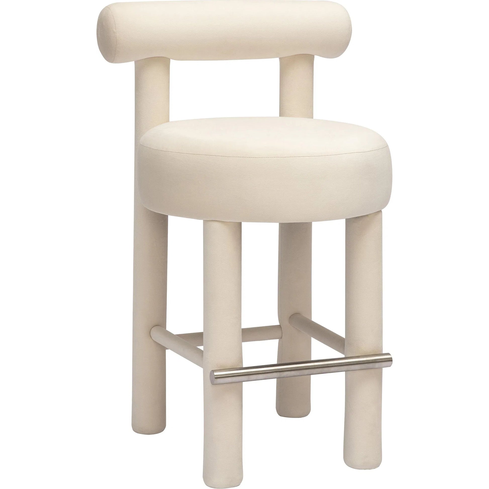 Carmel Velvet Counter Stool by TOV Furniture in cream. Made from stainless steel, velvet, wood in a transitional style.
