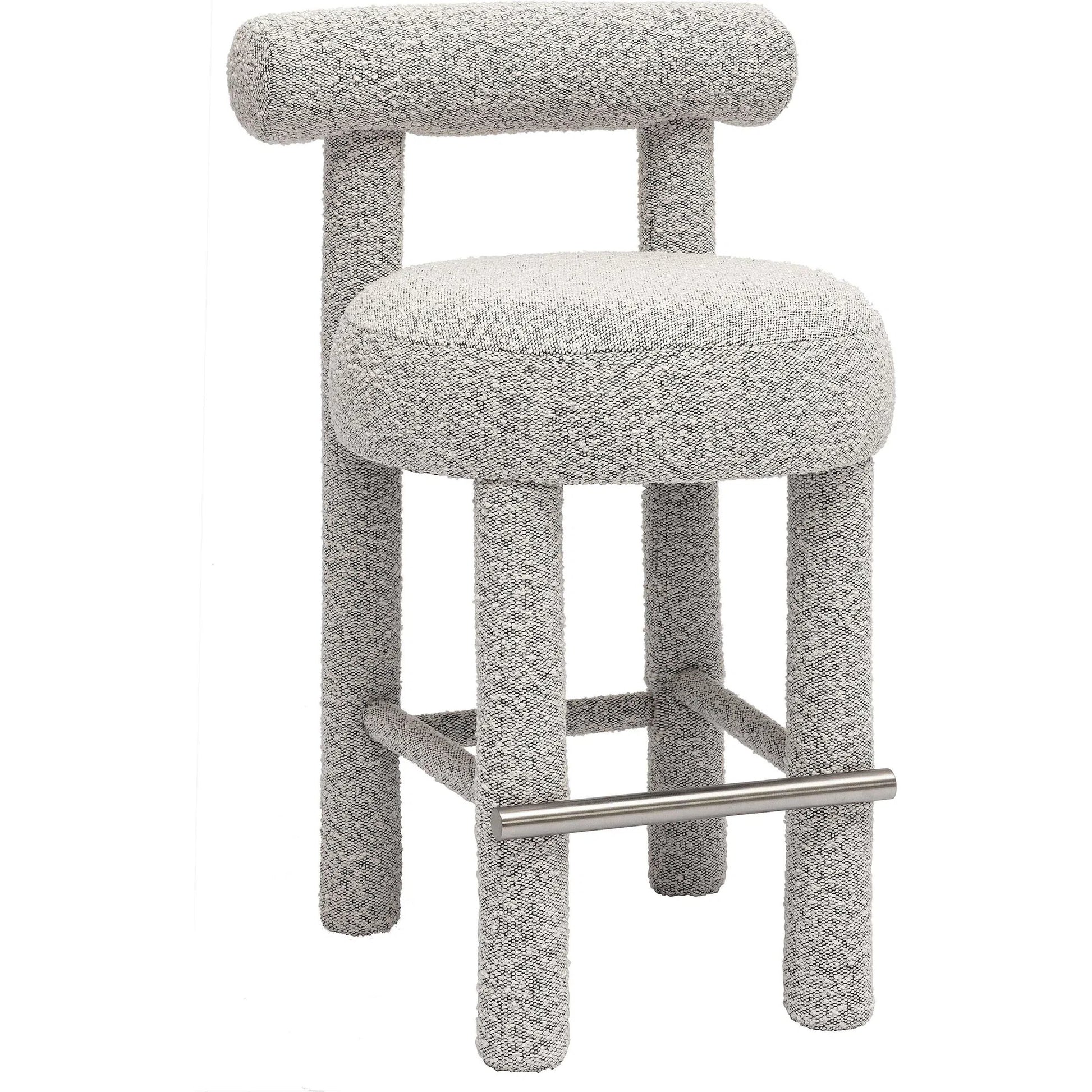 Carmel Performance Boucle Counter Stool by TOV Furniture in black, white. Made from boucle, stainless steel, wood in a transitional style.