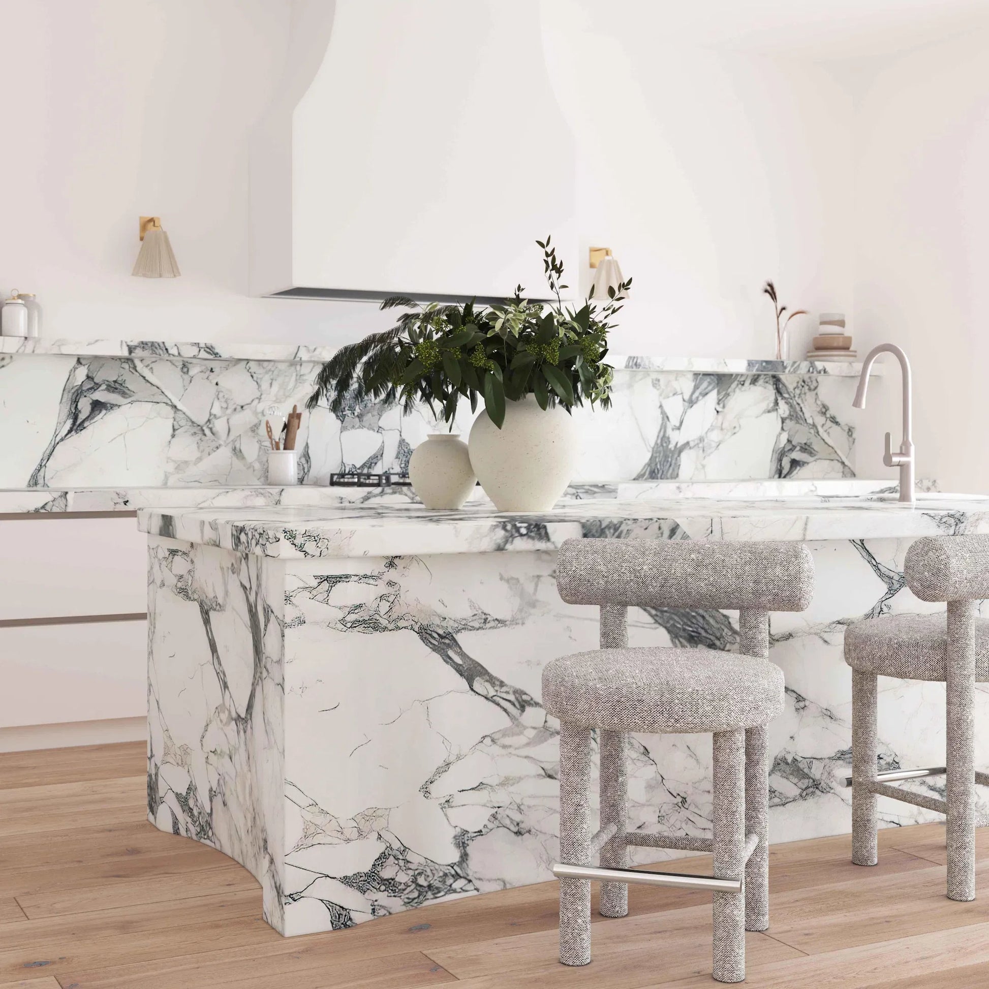 Carmel Performance Boucle Counter Stool by TOV Furniture in black, white. Made from boucle, stainless steel, wood in a transitional style.