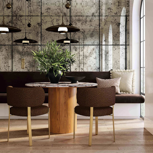 Margaret Performance Boucle Dining Chair by TOV Furniture in brown. Made from boucle, stainless steel, wood in a eclectic & global style.