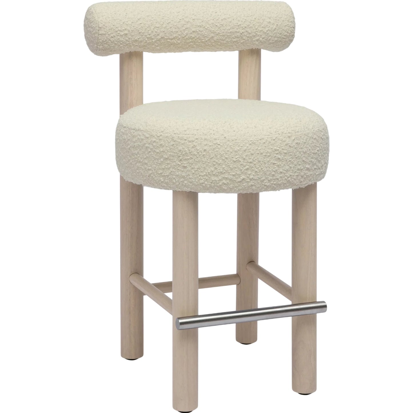001 SI-2248187 | Primary Silo | Carmel Boucle and Solid Wood Counter Stool by TOV Furniture in cream. Made from boucle, pine, rubberwood, stainless steel in a transitional style.