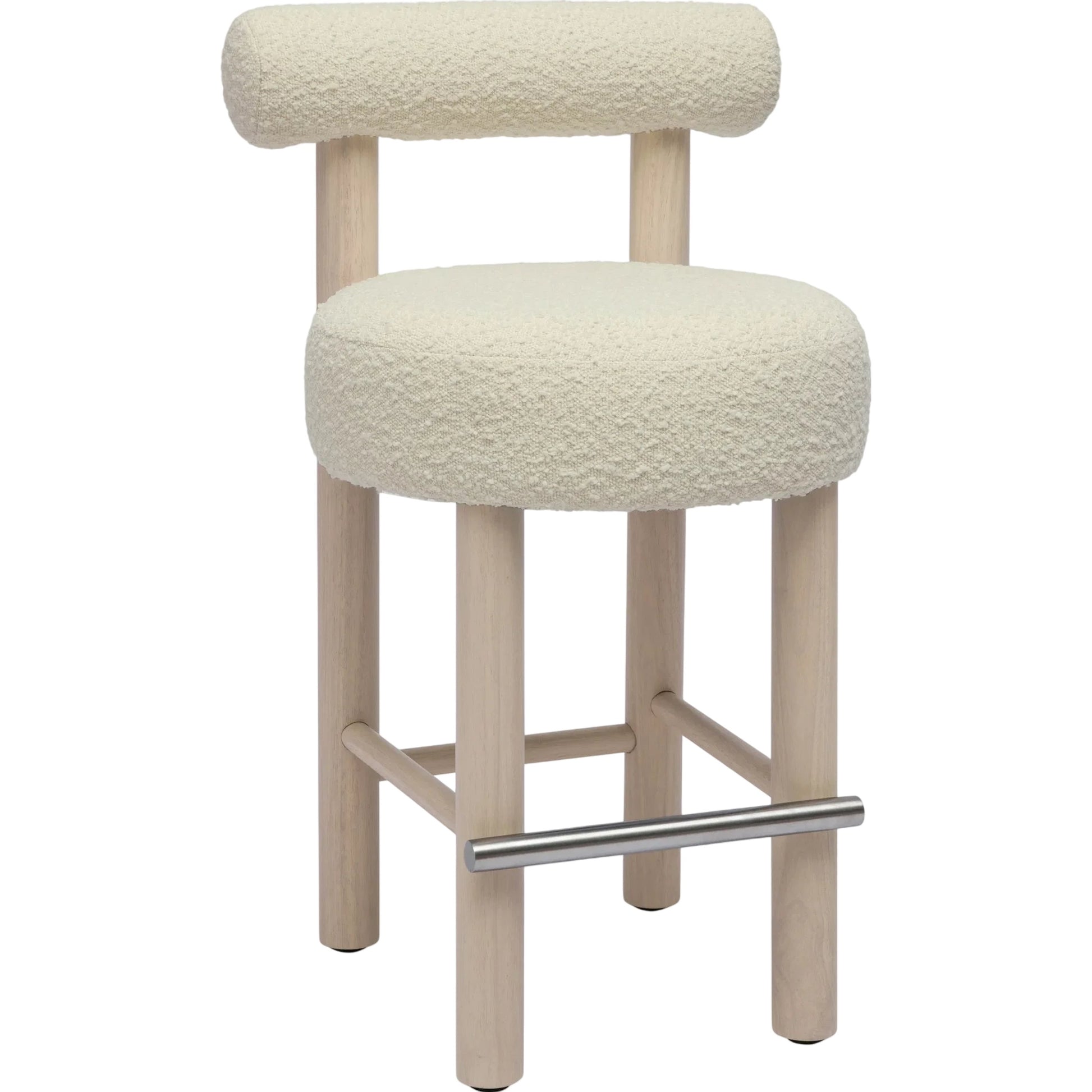 Carmel Boucle and Solid Wood Counter Stool by TOV Furniture in cream. Made from boucle, pine, rubberwood, stainless steel in a transitional style.