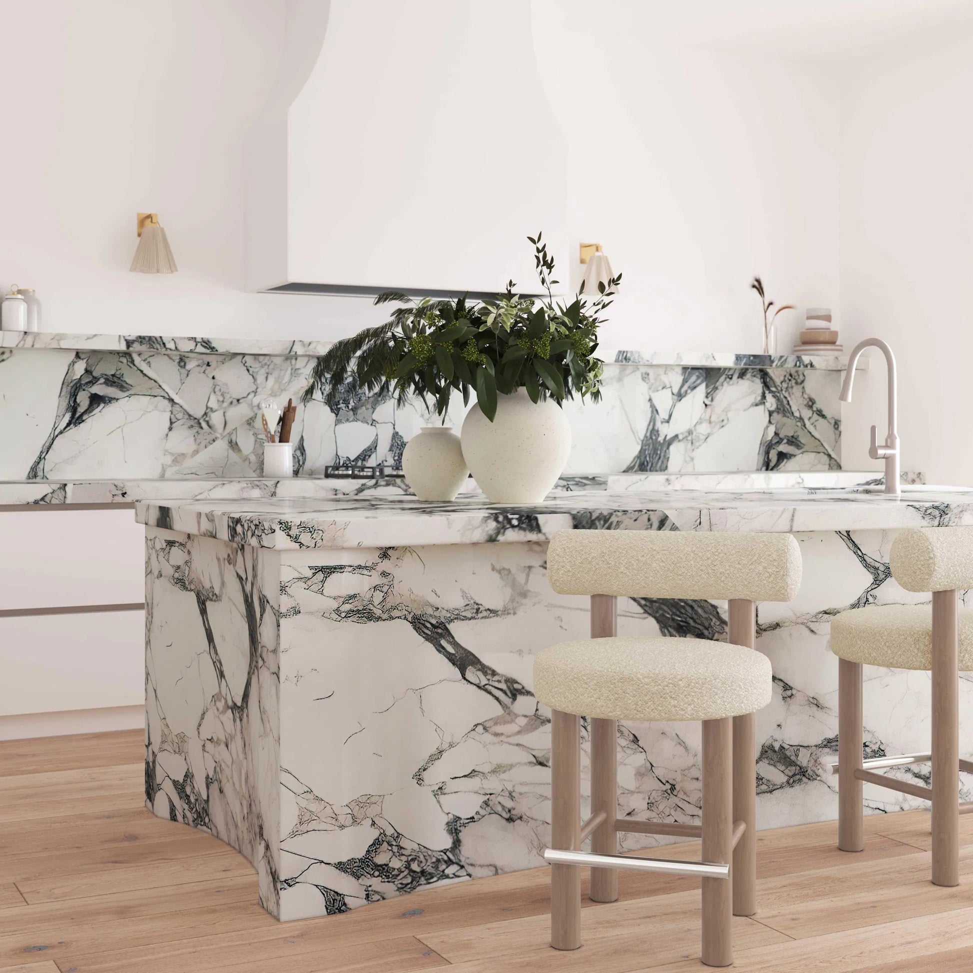 Carmel Boucle and Solid Wood Counter Stool by TOV Furniture in cream. Made from boucle, pine, rubberwood, stainless steel in a transitional style.