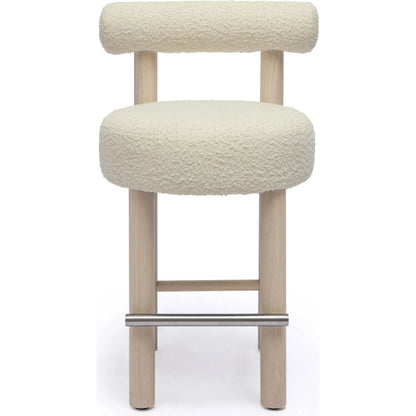 Carmel Boucle and Solid Wood Counter Stool by TOV Furniture in cream. Made from boucle, pine, rubberwood, stainless steel in a transitional style.