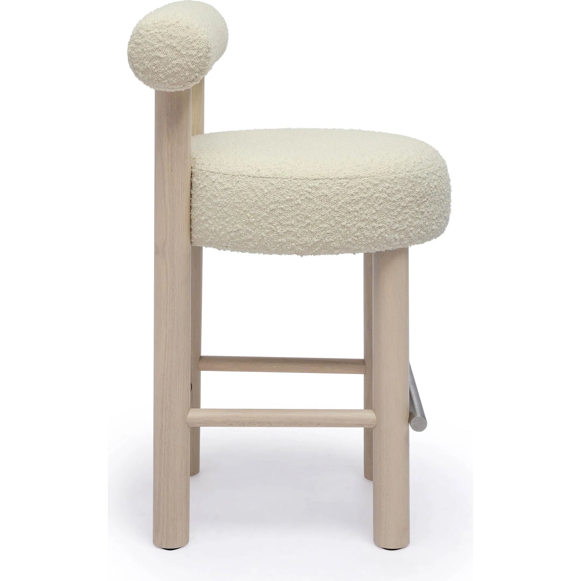Carmel Boucle and Solid Wood Counter Stool by TOV Furniture in cream. Made from boucle, pine, rubberwood, stainless steel in a transitional style.