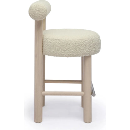 Carmel Boucle and Solid Wood Counter Stool by TOV Furniture in cream. Made from boucle, pine, rubberwood, stainless steel in a transitional style.